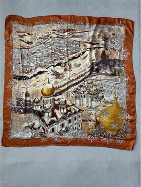 100% Silk Scarf Moscow City Scene Square 34” Orange Gold Vintage Style